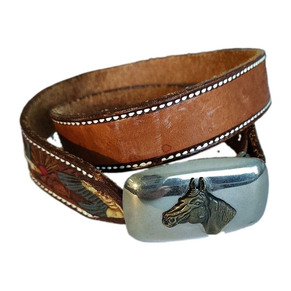 Vintage Hand Tooled Leather Belt Eagle Horse Western Cowboy 32.5" Buckle Cowgirl